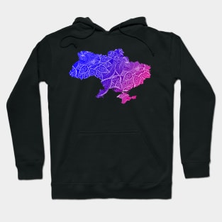 Colorful mandala art map of Ukraine with text in blue and violet Hoodie